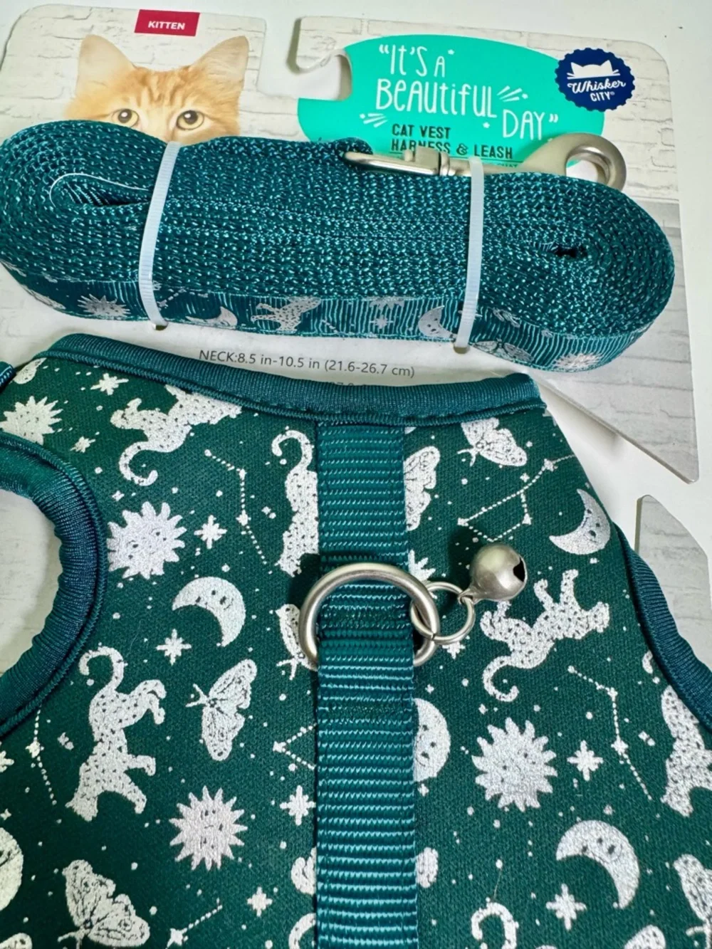 Kitten Cat Vest Harness & Leash Set in Teal with Celestial Print